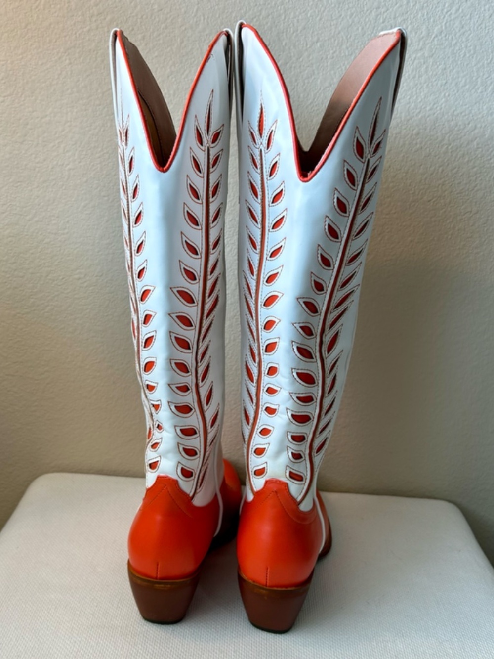 Cowboy Boot Tall Orange White Leaves Inlay Stitching Wide Calf Heel 1.5" Size 8 - Picture 4 of 13